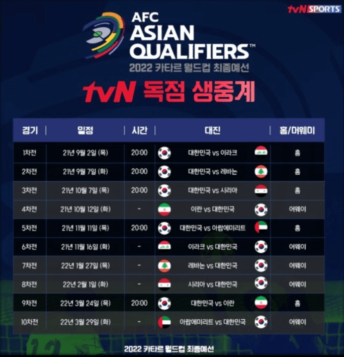 2022-카타르-월드컵-최종예선-축구-tvN-생중계