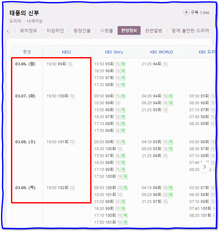 태풍의 신부 재방송 편성표 KBS 채널 방송시간