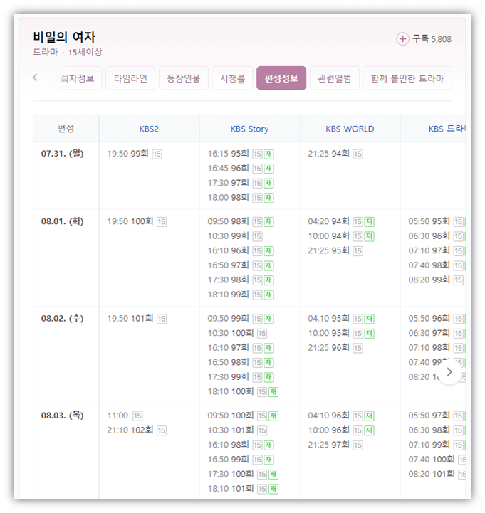 비밀의 여자 방송시간 KBS2 재방송 편성표