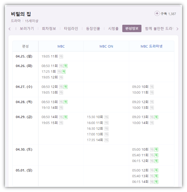 비밀의-집-MBC-채널별-편성표